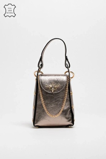 Bolso Abeja De Mano De Piel Bronce Metalizado