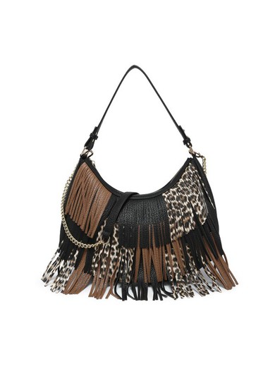 Bolso De Flecos Con Estampado Animal Print Negro