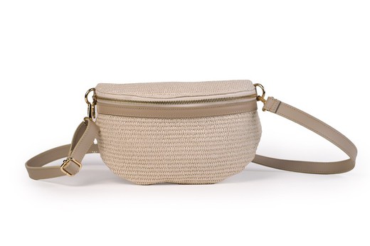 Bolso riñonera de piel y rafia para mujer beige