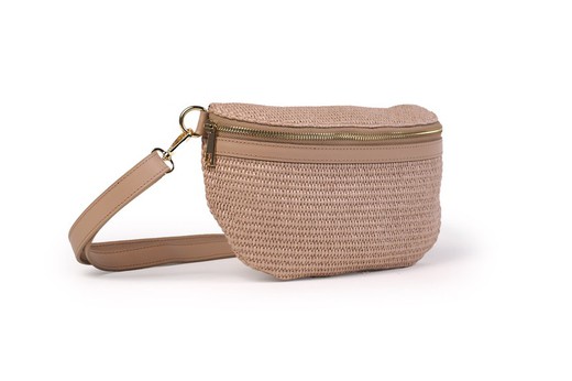 Bolso riñonera de piel y rafia para mujer taupe