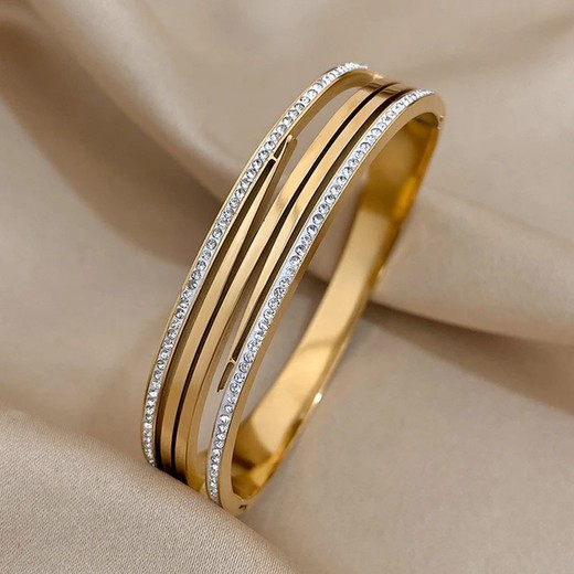 Brazalete Ancho Brillo Dorado Para Mujer