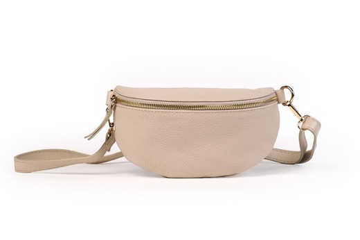 Riñonera de piel para mujer beige cremallera dorada