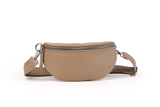 Riñonera de piel para mujer taupe cremallera plateada