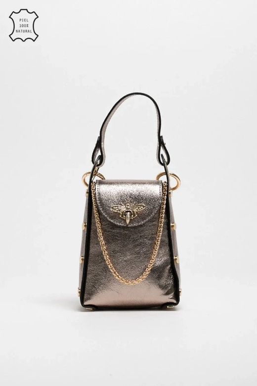 Bolso Abeja De Mano De Piel Bronce Metalizado