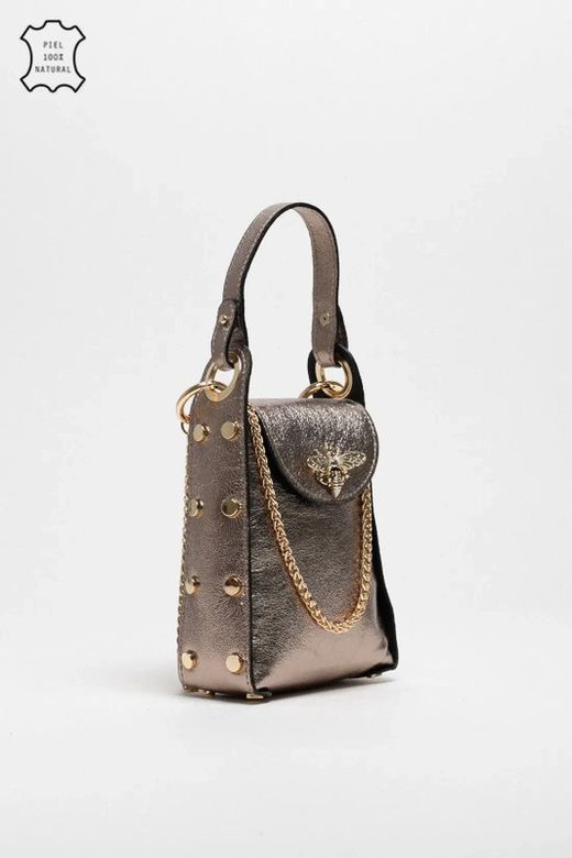 Bolso Abeja De Mano De Piel Bronce Metalizado