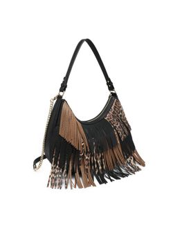 Bolso De Flecos Con Estampado Animal Print Negro