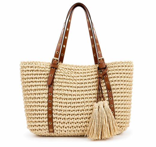 Bolso De Hombro Tote Rafia Beige