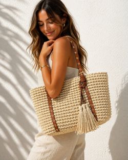 Bolso De Hombro Tote Rafia Beige