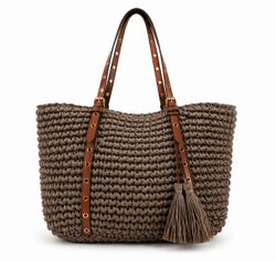 Bolso De Hombro Tote Rafia Taupe