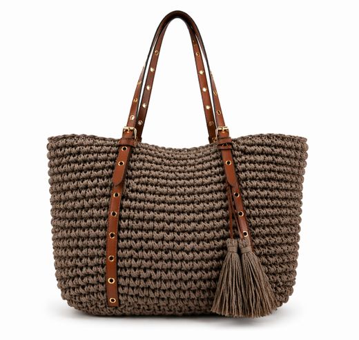 Bolso De Hombro Tote Rafia Taupe