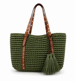 Bolso De Hombro Tote Rafia Verde Militar
