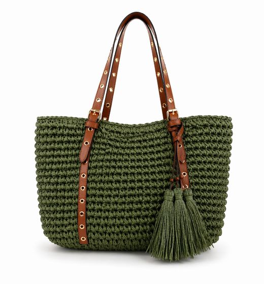 Bolso De Hombro Tote Rafia Verde Militar