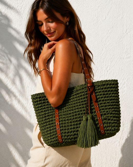 Bolso De Hombro Tote Rafia Verde Militar