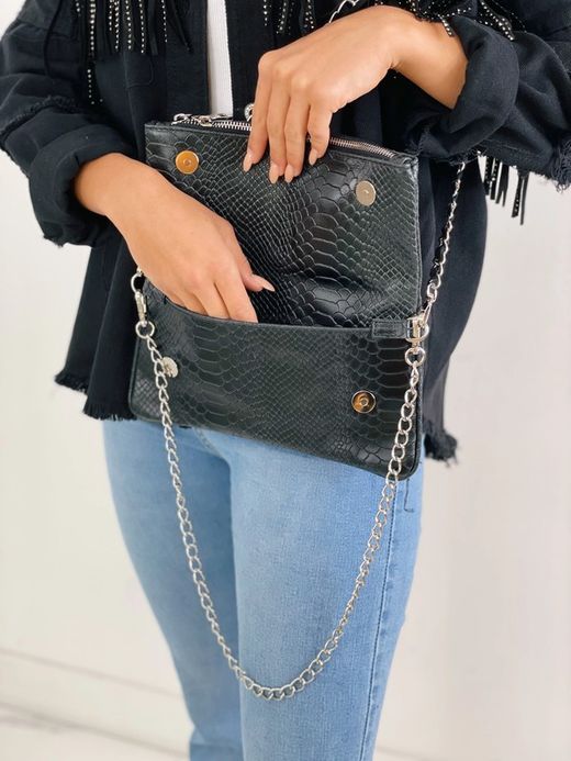 Bolso de piel doble cadena negro