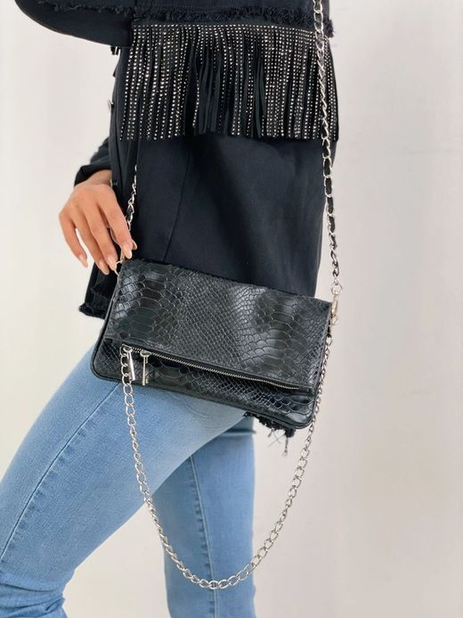 Bolso de piel doble cadena negro