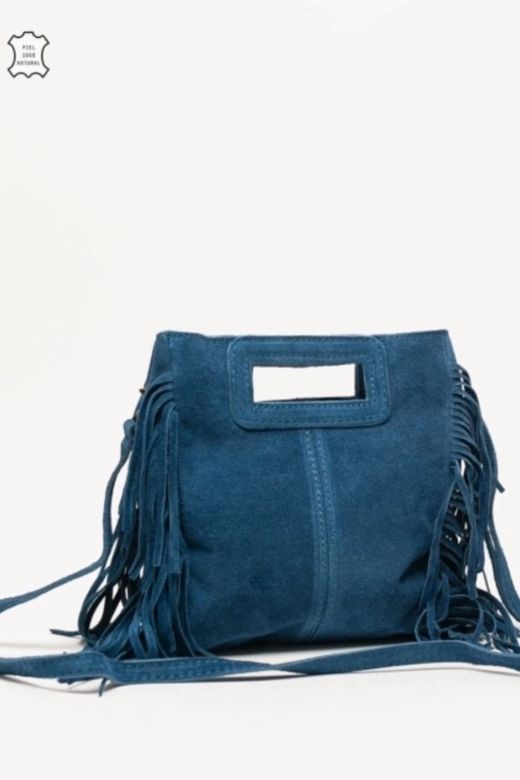 Bolso De Piel Savannah Con Flecos Azul Denim