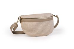 Bolso riñonera de piel y rafia para mujer beige