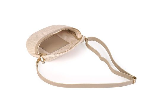 Bolso riñonera de piel y rafia para mujer beige