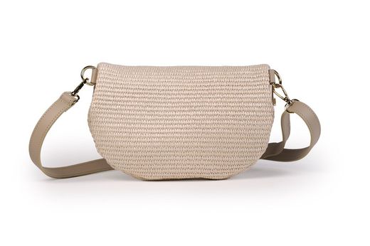 Bolso riñonera de piel y rafia para mujer beige