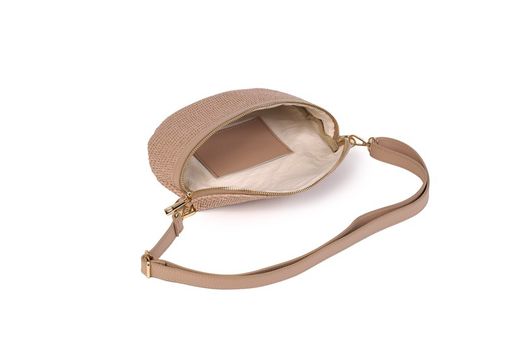 Bolso riñonera de piel y rafia para mujer taupe