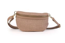 Bolso riñonera de piel y rafia para mujer taupe
