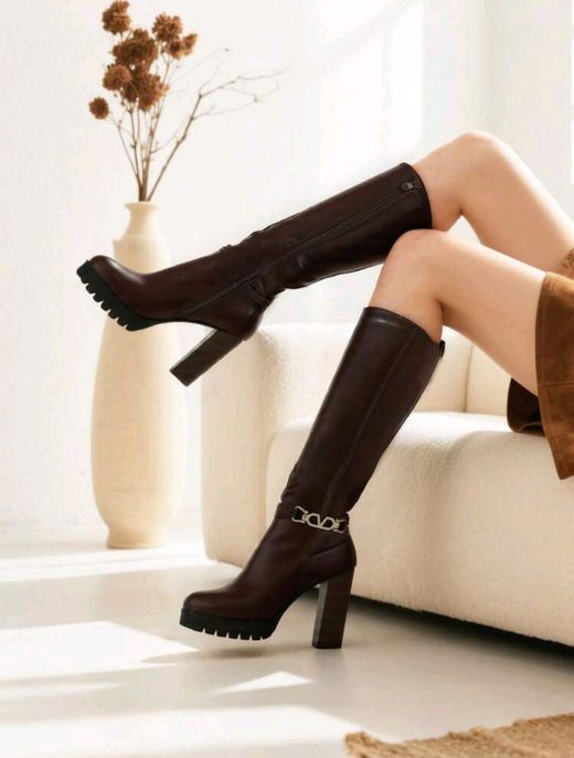 Bota Alta Con Tacón Para Mujer Marrón