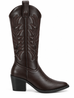 Bota Alta Cowboy Bordada Efecto Piel Marrón