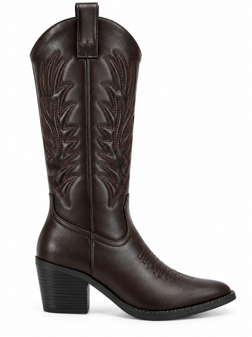 Bota Alta Cowboy Bordada Efecto Piel Marrón