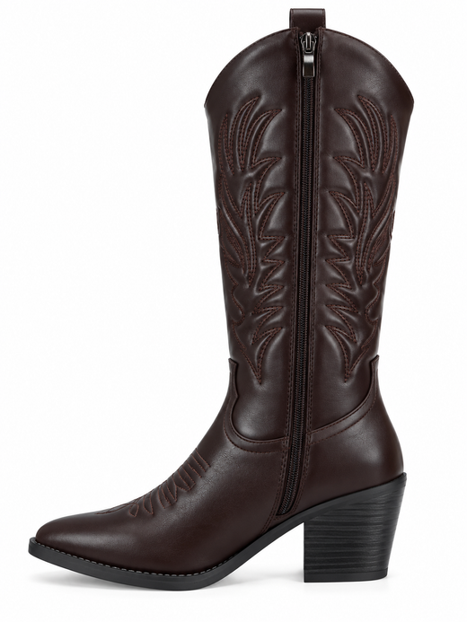 Bota Alta Cowboy Bordada Efecto Piel Marrón