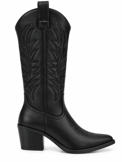 Bota Alta Cowboy Bordada Efecto Piel Negro
