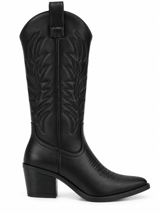 Bota Alta Cowboy Bordada Efecto Piel Negro