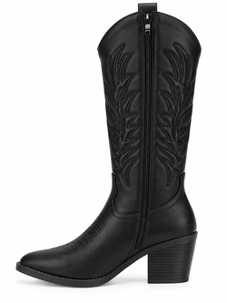Bota Alta Cowboy Bordada Efecto Piel Negro