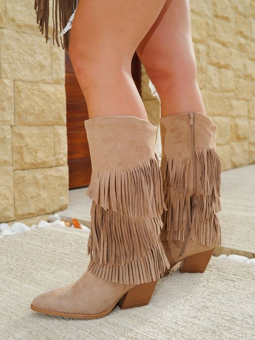 Bota Cowboy Boho Con Flecos Camel