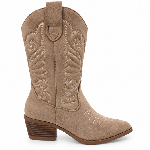 Bota Cowboy Bordada Con Tacón Beige