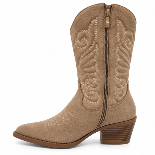 Bota Cowboy Bordada Con Tacón Beige