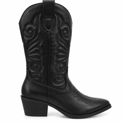 Bota Cowboy Bordada Con Tacón Negro