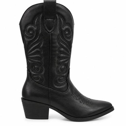 Bota Cowboy Bordada Con Tacón Negro
