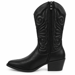 Bota Cowboy Bordada Con Tacón Negro