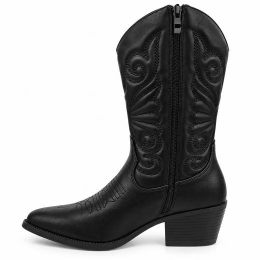 Bota Cowboy Bordada Con Tacón Negro