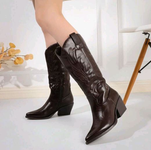 Bota Cowboy Efecto Piel con Bordado Marrón