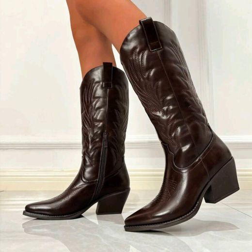 Bota Cowboy Efecto Piel con Bordado Marrón