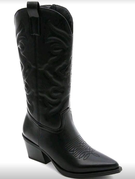 Bota Cowboy Efecto Piel con Bordado Negro