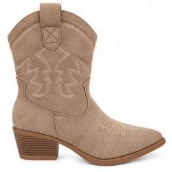 Botín Cowboy Caña Baja Bordada Con Tacón Beige