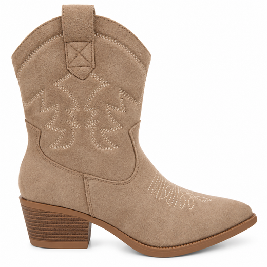Botín Cowboy Caña Baja Bordada Con Tacón Beige