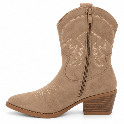 Botín Cowboy Caña Baja Bordada Con Tacón Beige