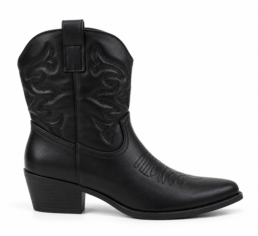 Botín Cowboy Caña Baja Bordada Con Tacón Negro