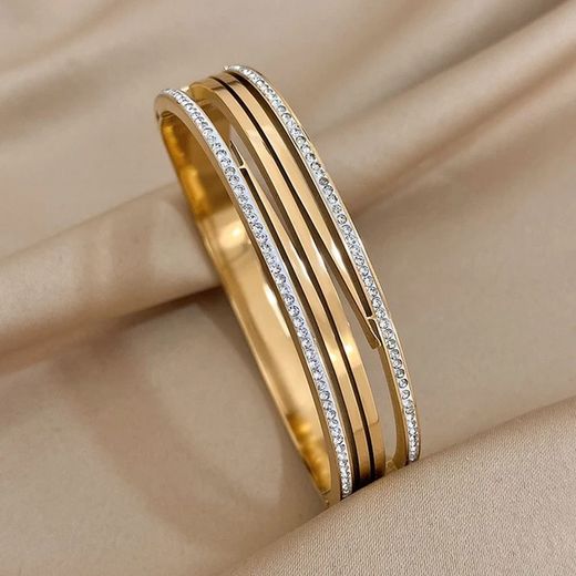 Brazalete Ancho Brillo Dorado Para Mujer