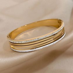 Brazalete Ancho Brillo Dorado Para Mujer