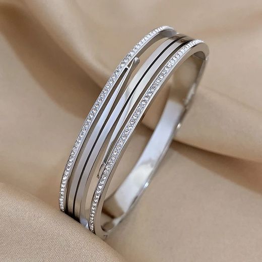 Brazalete Ancho Brillo Plateado Para Mujer