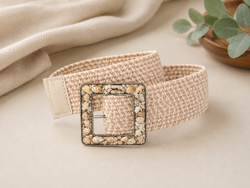 Cinturón Elástico De Rafia Con Hebilla De Conchas Rosa-Beige